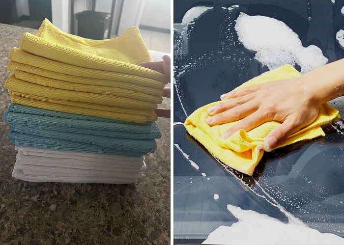 Stack of colorful microfiber cloths beside hand cleaning soapy surface, highlighting Amazon best sellers.
