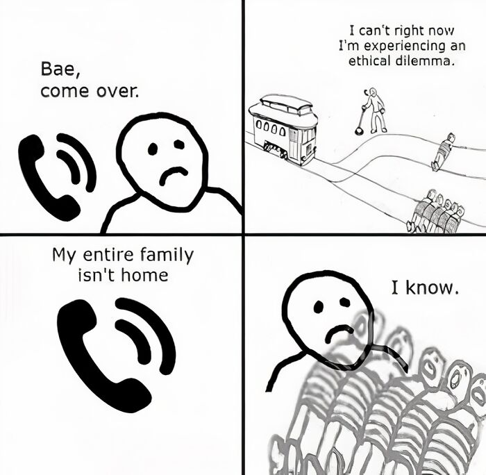 Funny meme about family with stick figures confronting a trolley dilemma, illustrating relatable humor.
