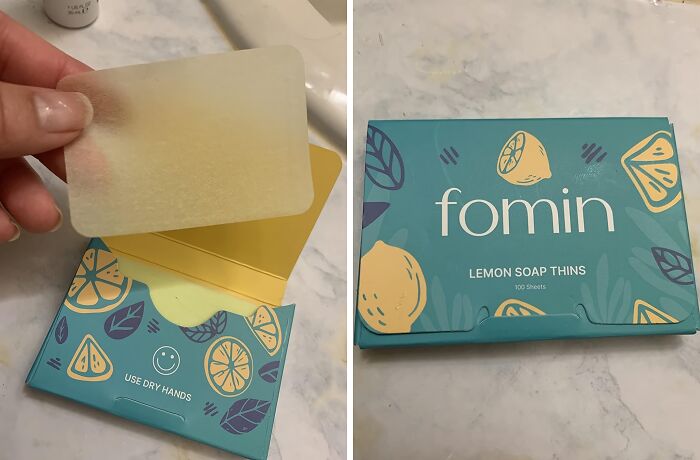 Hand holding a lemon soap thin from a teal pack, a tiny everyday find to fix annoyances and boost hygiene.