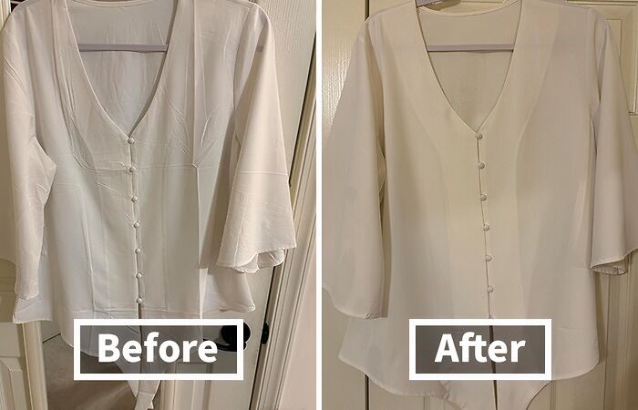 Comparison of a wrinkled blouse before and after using a tiny everyday find to fix fabric annoyances effectively