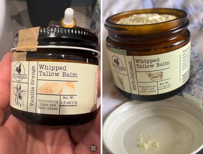 Whipped Tallow Balm jars, vanilla orange and herb-infused variants, shown opened and closed, best sellers on Amazon.
