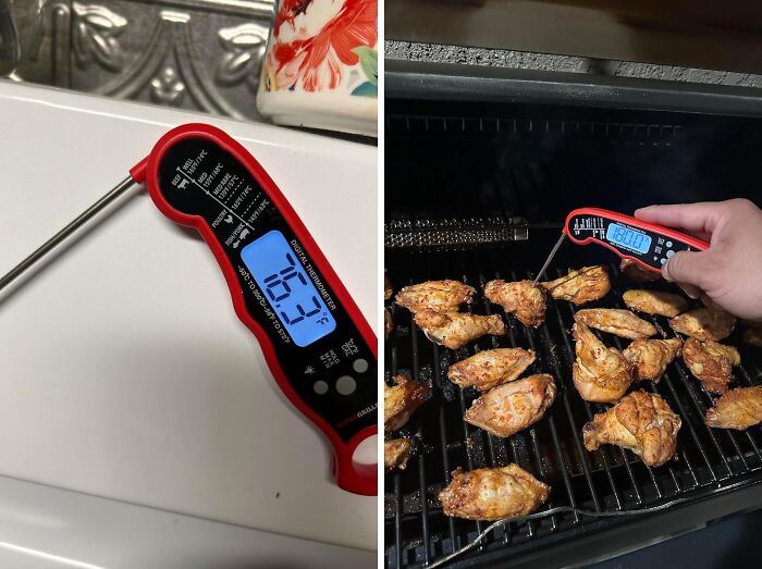Digital meat thermometer displaying temperature on grilled chicken, a popular Amazon best seller.
