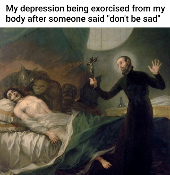 Great works of art used for a meme about depression being exorcised with humor.