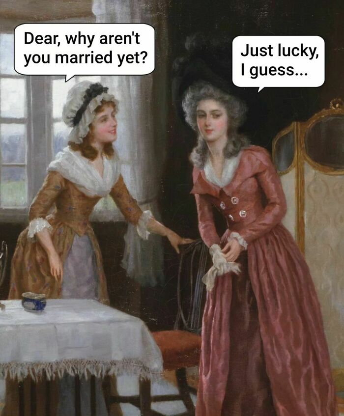 Two women in vintage attire featuring a humorous meme about marriage using a classic work of art as the canvas.
