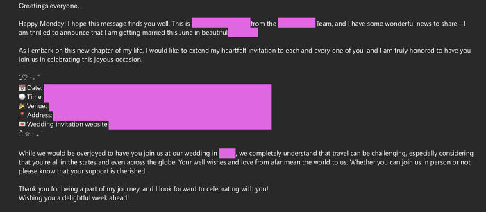 Wedding announcement email with key details pinked out.