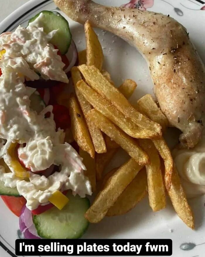 Unappetizing food with chicken, fries, and salad on a plate.