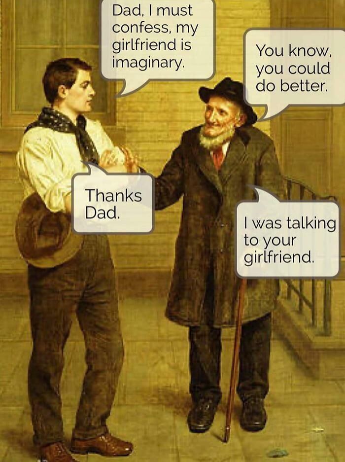 Old-fashioned painting with humorous speech bubbles joking about family and an imaginary girlfriend.