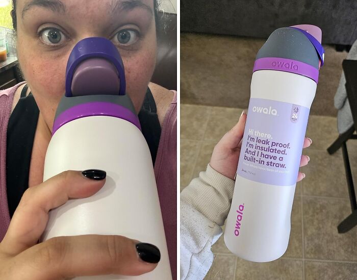 Amazon best seller Owala water bottle with built-in straw and leak-proof design in hands.