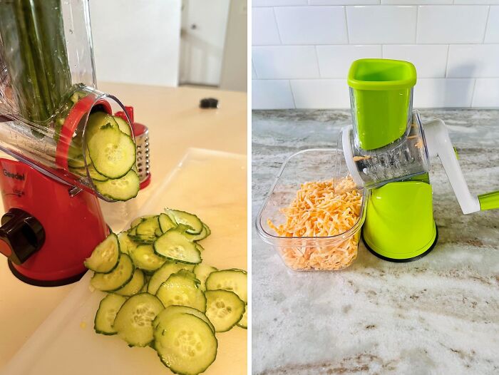Vegetable slicer and cheese grater from Amazon best sellers, showcasing sliced cucumbers and grated cheese.