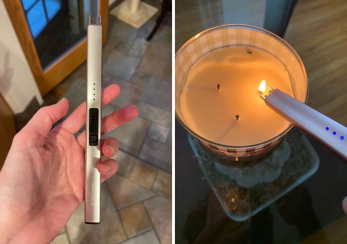 Electric candle lighter in hand and lighting a candle, representing Amazon best sellers.