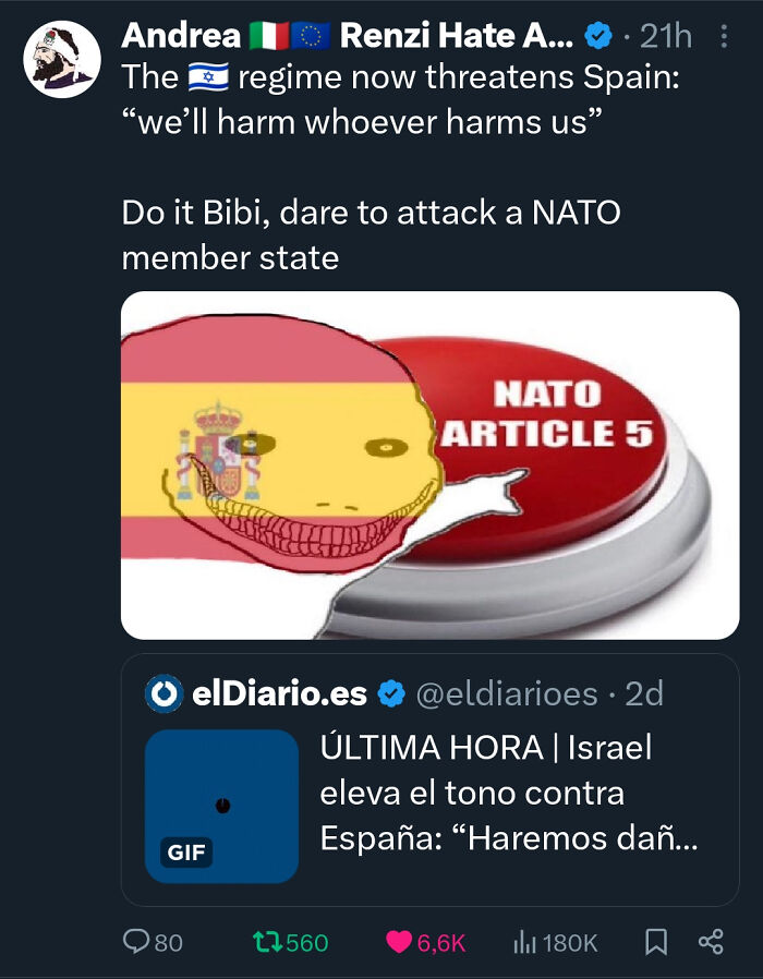 Meme showing awkward attempt with a character labeled Spain pressing a NATO Article 5 button in a funny moment.