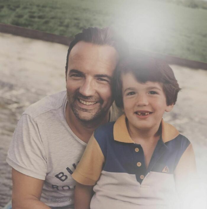 Celebrity photoshopped with younger self, smiling outdoors in casual attire.