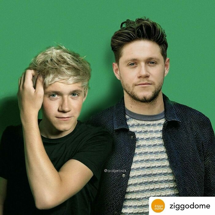 Photo of a celebrity photoshopped with their younger self, both standing against a green backdrop.