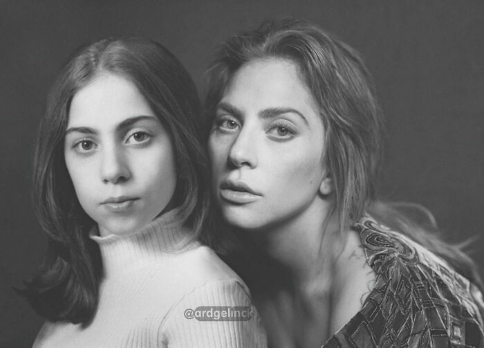 Celebrity photoshopped next to their younger self, illustrating the passage of time.