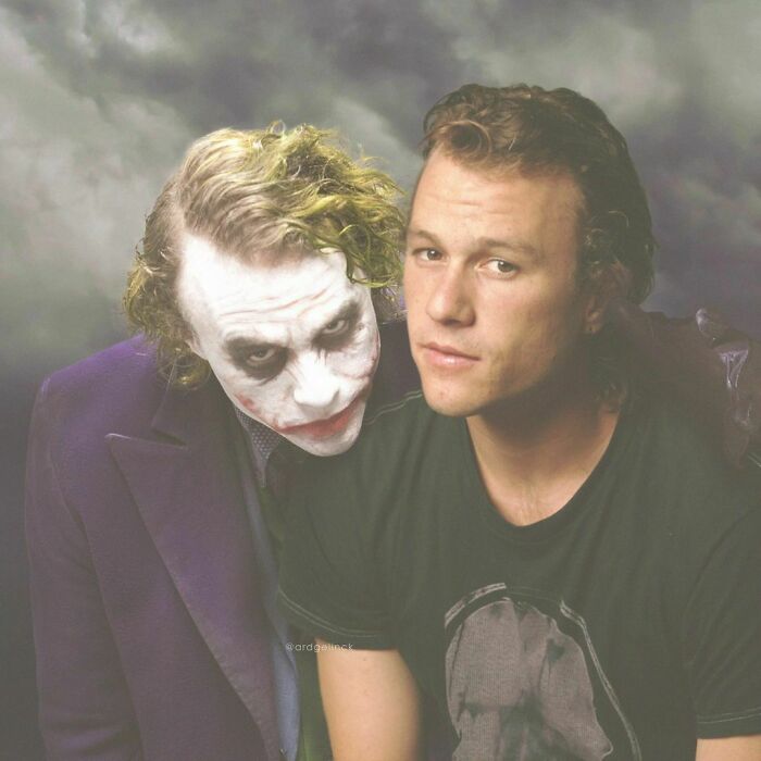 Two photoshopped images of the same celebrity: one as the Joker and one younger, highlighting changes over time.