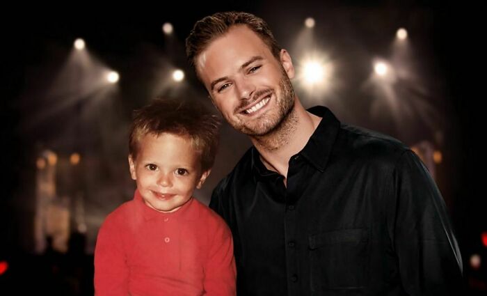 Adult and child photoshopped together, highlighting celebrity aging over time.