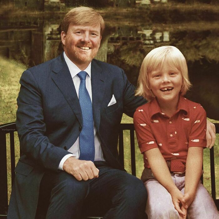 Adult and child sitting on a bench, showcasing celebrities photoshopped with younger selves, illustrating time's passage.