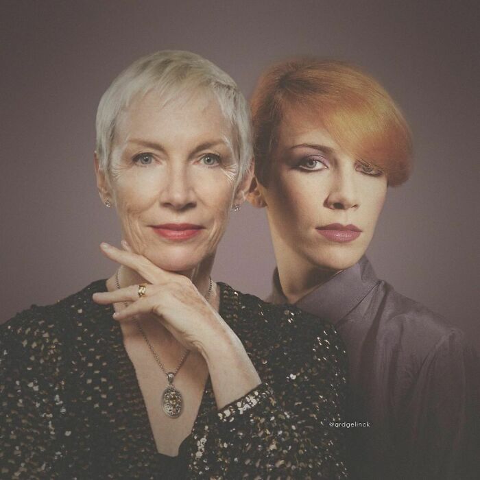 Celebrity photoshopped next to younger self, showcasing the passage of time through contrasting appearances.