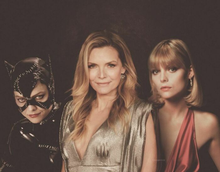 Celebrities photoshopped next to their younger selves, showing transformation over time with dramatic outfits and hairstyles.