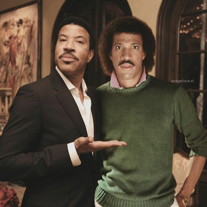 Celebrity photoshopped next to younger self, highlighting changes over time in a cozy indoor setting.