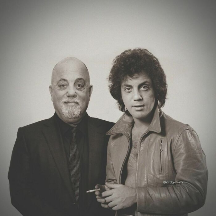 A celebrity photoshopped next to their younger self, highlighting the passage of time.