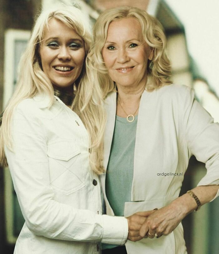 Celebrities photoshopped next to their younger selves, wearing white outfits, showcasing passage of time.