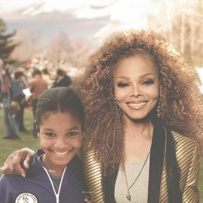 Celebrities photoshopped together, featuring a woman with curly hair next to her younger self in a park setting.
