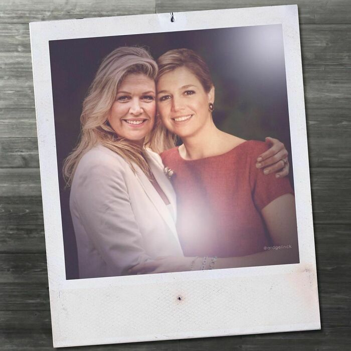 Celebrities photoshopped together in a nostalgic pose, highlighting changes over time, with both wearing formal attire.