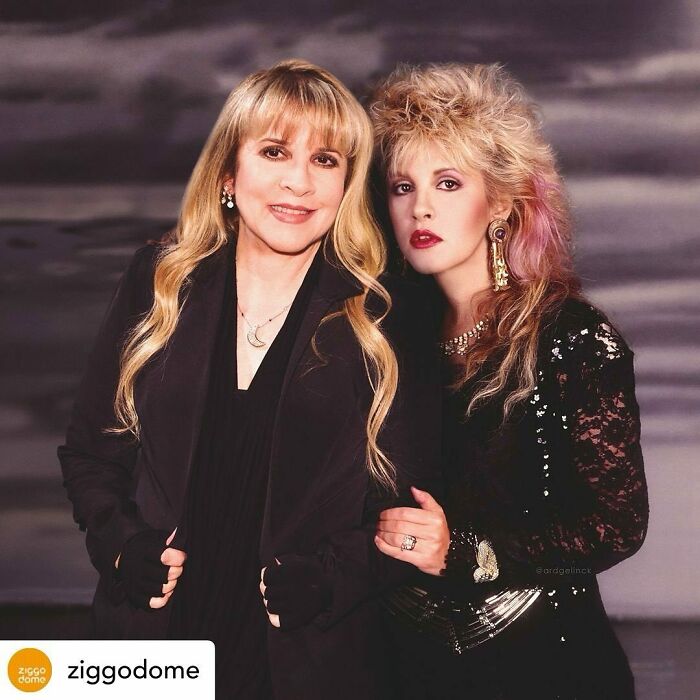 Celebrity posed with younger Photoshopped self, showcasing the passage of time in a side-by-side comparison.