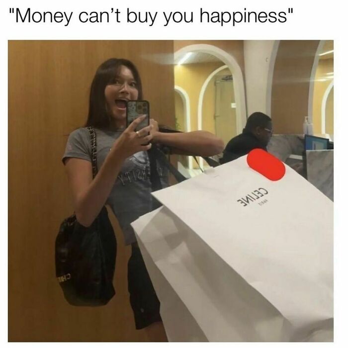 Woman taking a selfie with shopping bags, humorously captioned "Money can't buy you happiness," delivering relatable memes.