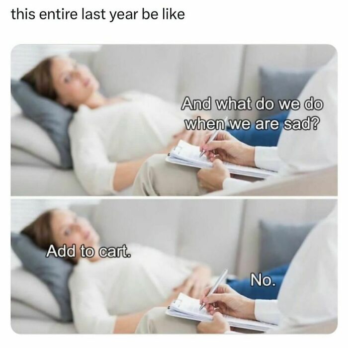 Therapist and patient meme about coping with sadness, featuring humorous "add to cart" response.