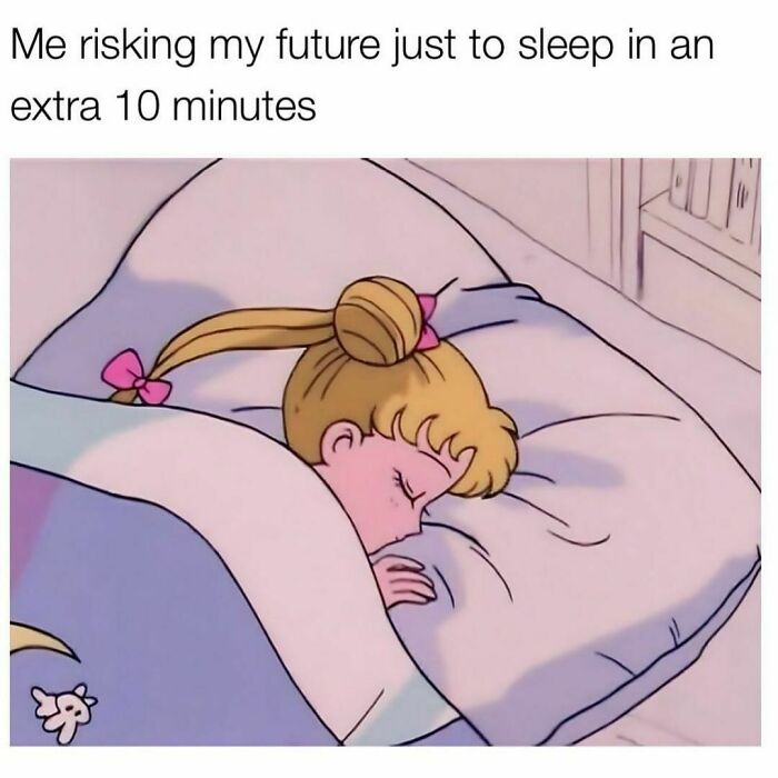 Girl depicted in bed snoozing, with humorous text about risking future for extra sleep; relatable meme.