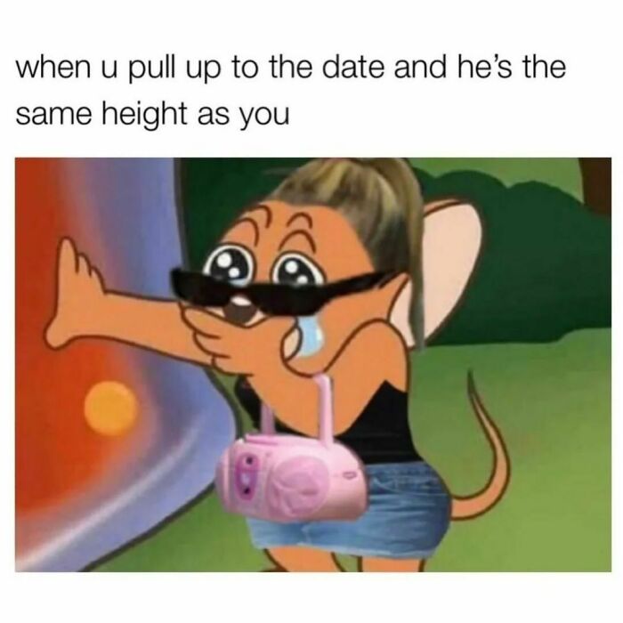 Cartoon character with sunglasses and a handbag looking surprised; relatable meme humor.