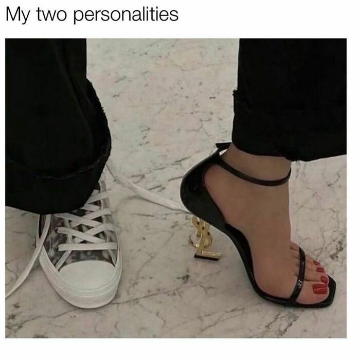 Casual sneaker next to a designer high heel, humorously depicting contrasting personalities in a meme.