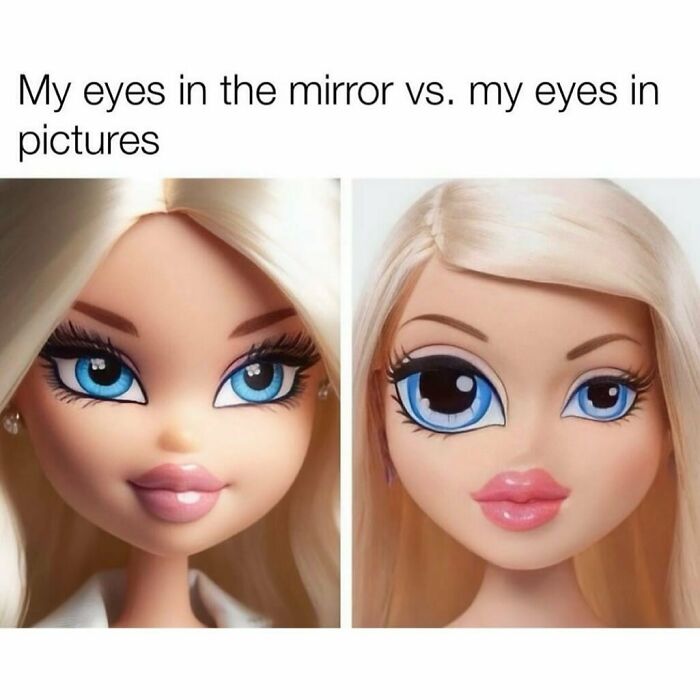 Doll comparison meme; left shows normal eyes, right shows exaggerated large eyes.