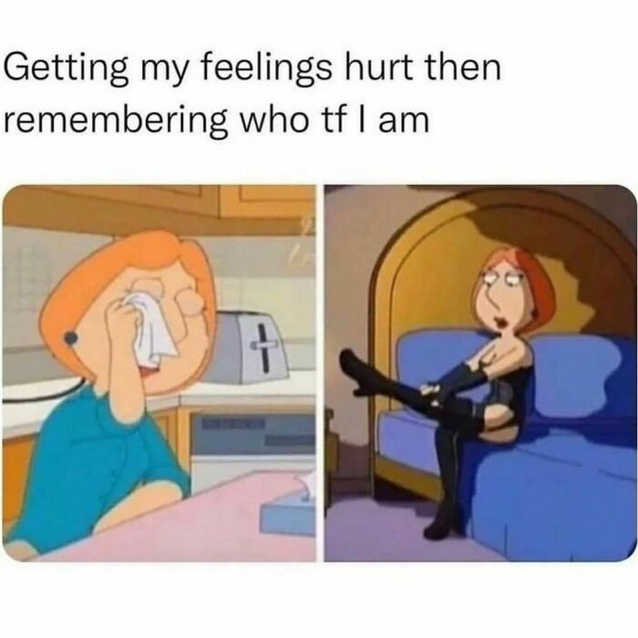 Cartoon meme showing a character crying, then confidently sitting on a couch. Memes for laughter and relatability.