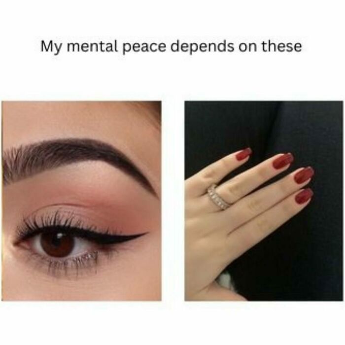 Close-up of perfectly winged eyeliner and manicured nails, a relatable meme for mental peace.