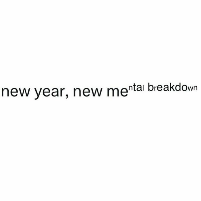 Text meme: "new year, new mental breakdown" with "mental" added in small letters, capturing relatable humor and memes.