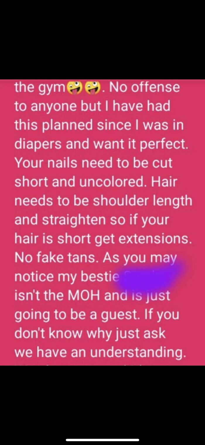 Text about a wedding with strict appearance rules, highlighting colorful emojis and bold demands for perfection.