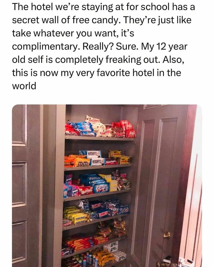 Closet shelves stocked with free candy in a hotel, showing students and young adults living the best life with treats.