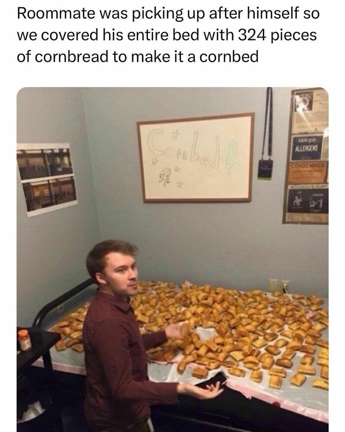 Student prank covering a bed with 324 pieces of cornbread, showcasing the chaotic and humorous life of young adults.