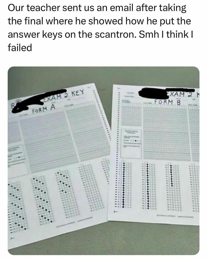 Scantron answer keys for exam forms A and B shown in an email from a teacher, capturing student and young adult life moments.