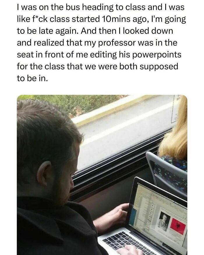 Student on bus late for class notices professor editing class PowerPoint, illustrating students and young adults living best and worst life.