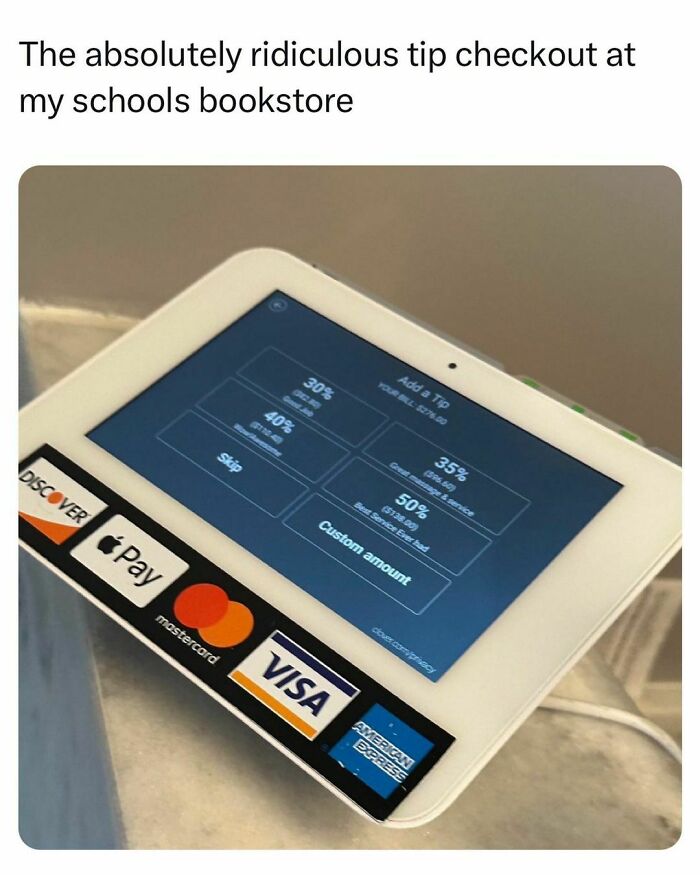 Tip checkout screen showing high percentage options at a school bookstore highlighting student life challenges and choices