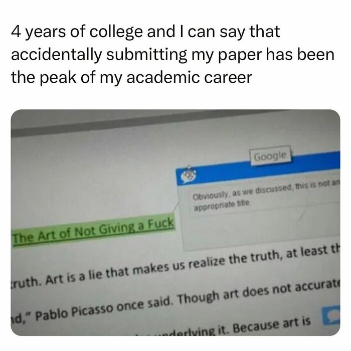 Text meme about college students showing a paper titled The Art of Not Giving a F with a Google comment about an inappropriate title.