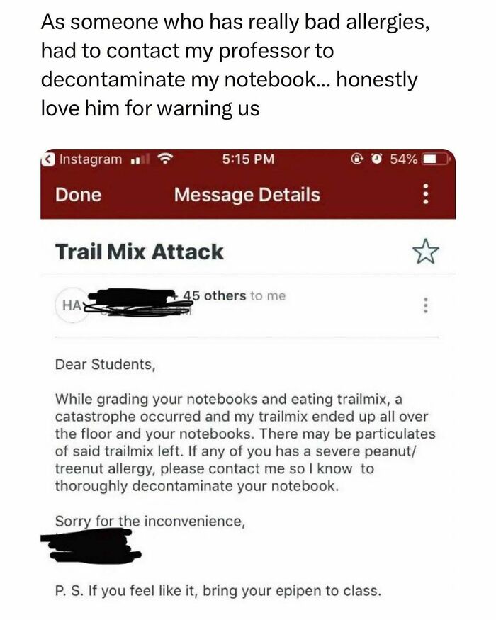 Screenshot of a professor emailing students about a trail mix spill and allergy decontamination, illustrating student life challenges.