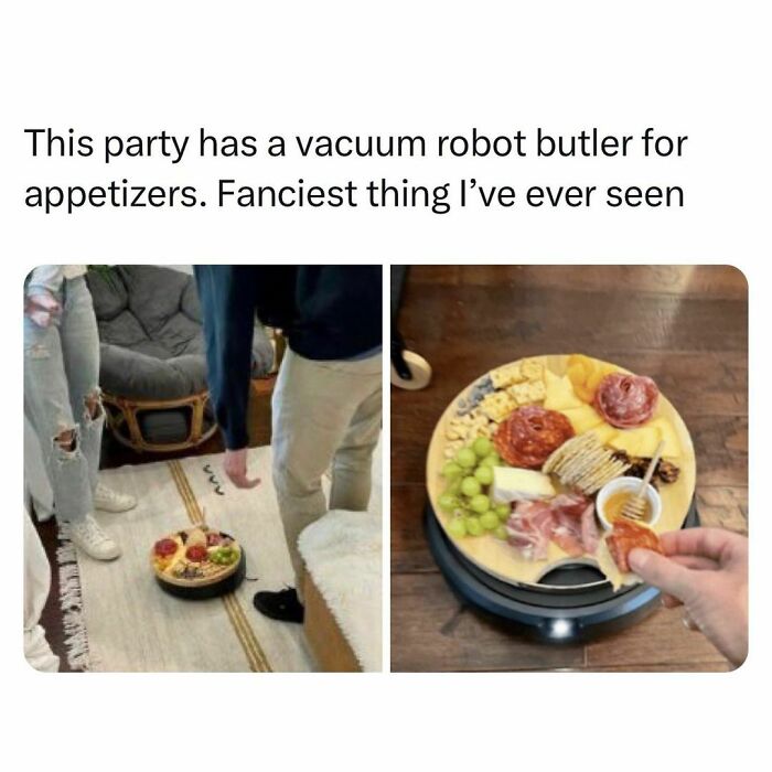 Students and young adults using a vacuum robot butler to serve appetizers at a creative and fancy party setting.