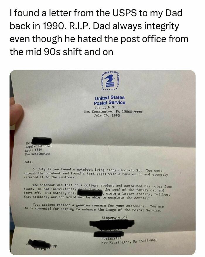Letter from USPS praising a college student's honesty, reflecting the best and worst life moments of young adults.