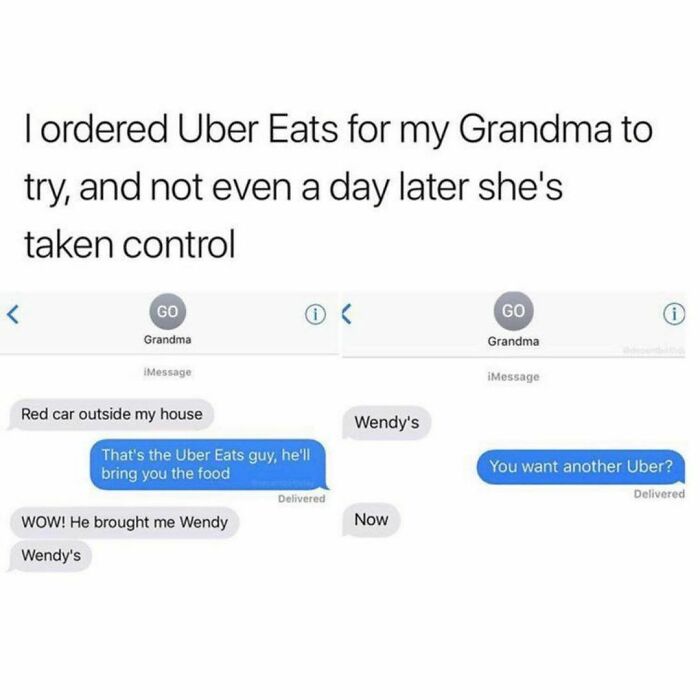 Text message exchange showing a grandma mastering Uber Eats, illustrating students and young adults living the best and worst life.