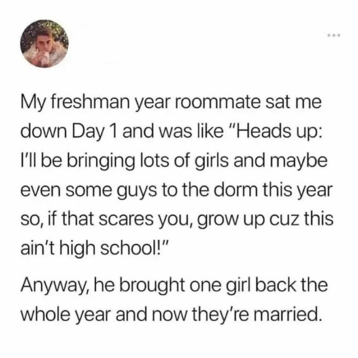 Text post about a college freshman's roommate warning about dorm life, reflecting students and young adults experiences.